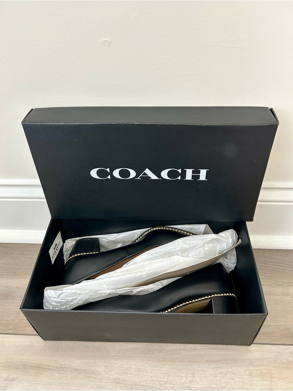Coach Black Leather Pointed Toe Pumps with Gold Stud Trim Size 5B